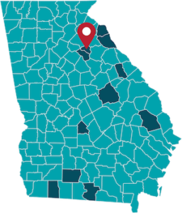 Red marker indicates the location of Clarke County in Georgia